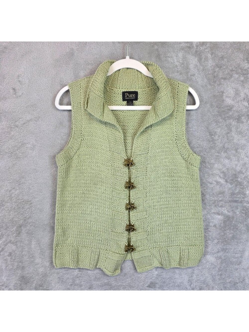 Pure Handknit Sweater Vest Womens S/M Green Collared Toggle Front Chunky Knit